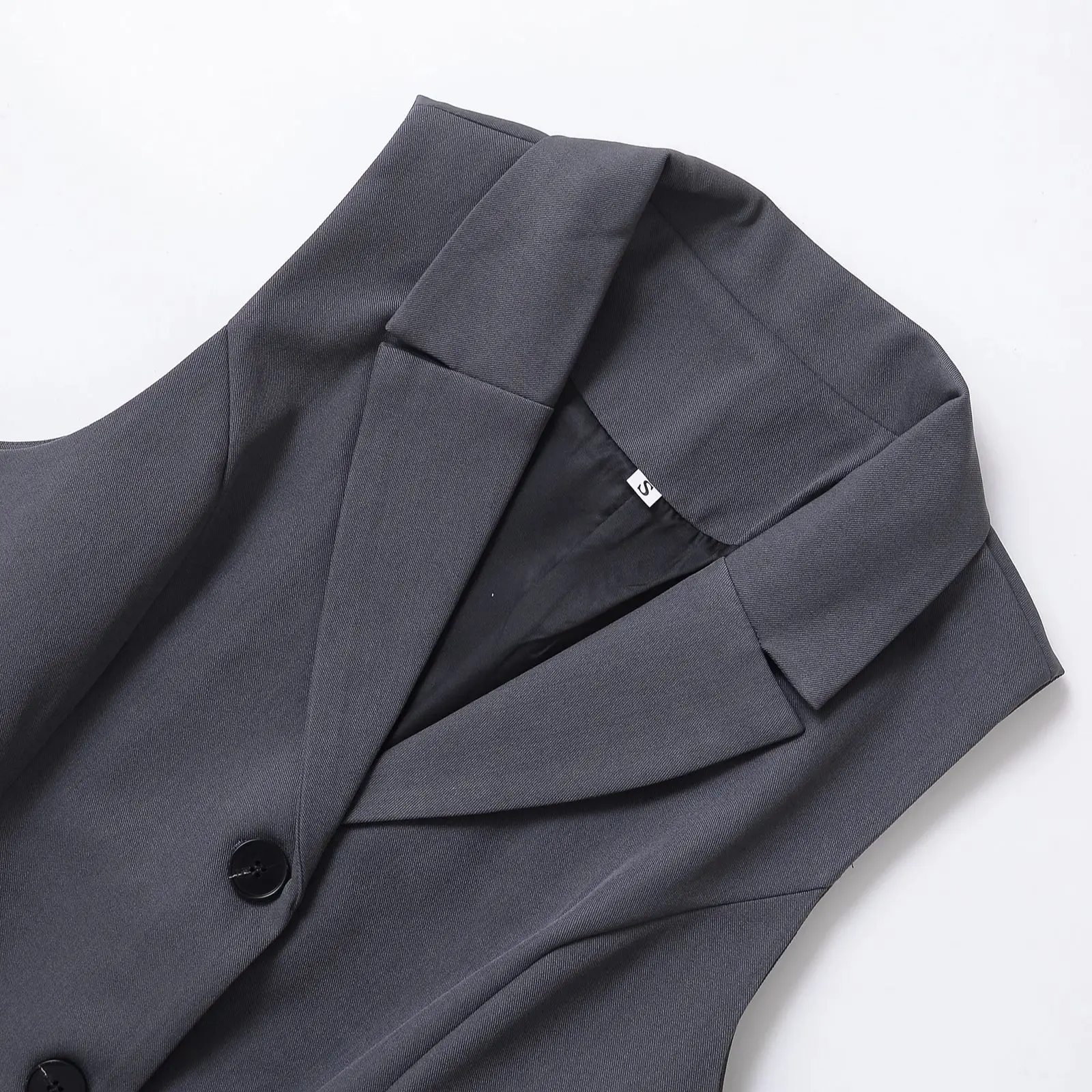 グレーのベスト女性フレンチレトロターンダウンカラーノースリーブショートジャケット新しいオフィススリムチョッキレディトップ8073239