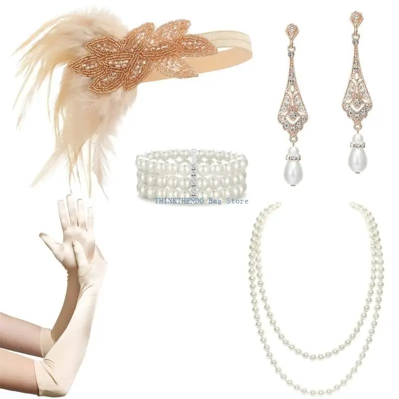 340D Vintage 1920s Flapper Party Women Costume Accessories Set Headband Necklace Earrings Gloves for Cocktail Party