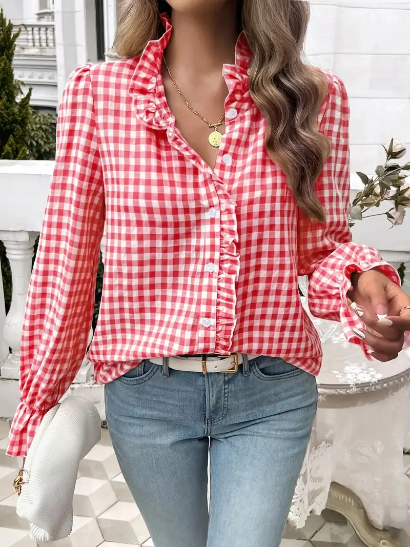 

Women's Shirt Elegant Office Plaid Print Long Sleeve Ladies Top Fashion Ruched Stand Collar Single Breasted Causal Simple Shirts