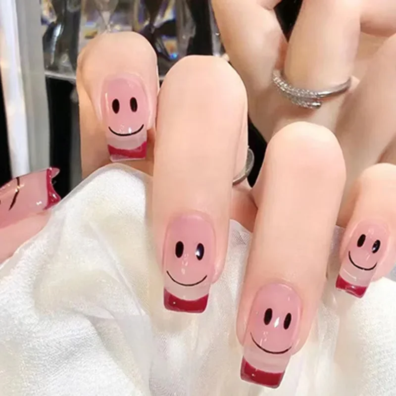 24Pcs/Set French Smiley Face Whitening Cute Wearing False Nails Handmade Removable Press-on Nails Medium Acrylic Fake Nails Tips