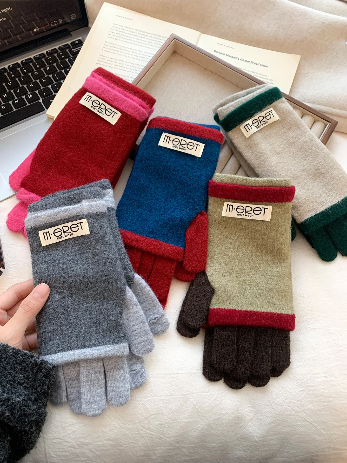 Korean Style Color Block Knitted Gloves Women Winter Thickened Warm Cycling Touch Screen Compatible Five Fingers Soft Comfort...
