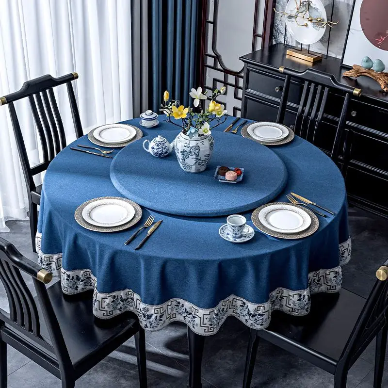 

New Chinese Style Large round Tablecloth Waterproof Oil Resistant Heat Proof Luxury Feel Hotel round Dining Table Mat with La...
