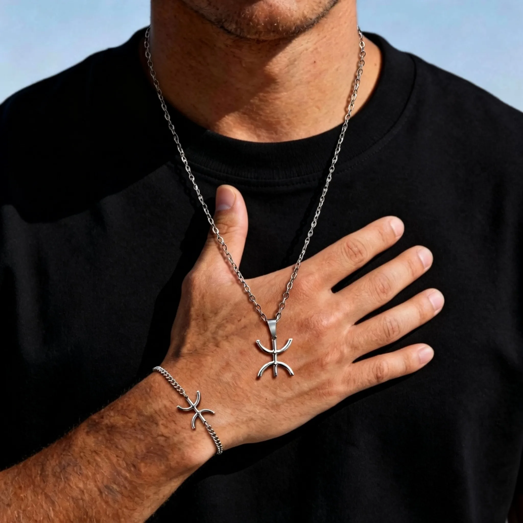 African Berbers Symbol Necklace Bracelet for Men, Berber Kabyle Style Stainless Steel Necklace, Fashion Amazigh Ethnic Jewelry