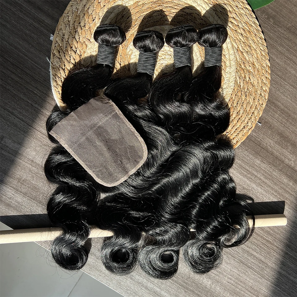 Natural Color #1B 10-30 Inch Body Wave Human Hair Bundles With Closure 4x4 13x4 HD Transparent Lace Frontal And 3/4 Bundles Unprocessed Double Weft Weaving Virgin Raw Hair Extensions Deals Body Wave Brazilian Bundles 100% Human Hair 12A
