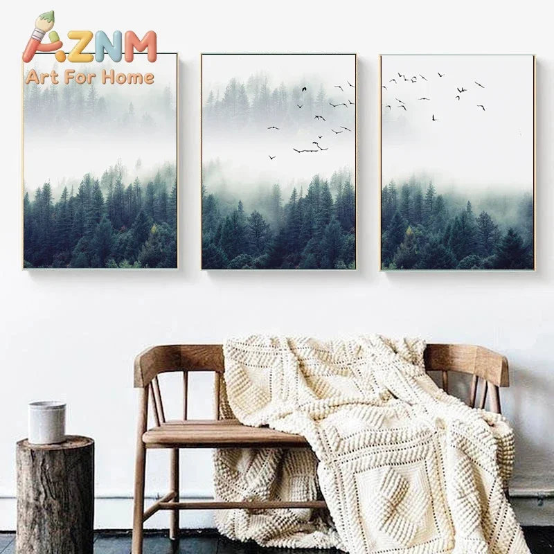 Nordic Style Forest Lanscape Wall Art Canvas Poster and Print Canvas Painting Decorative Picture for Living Room Home Decor