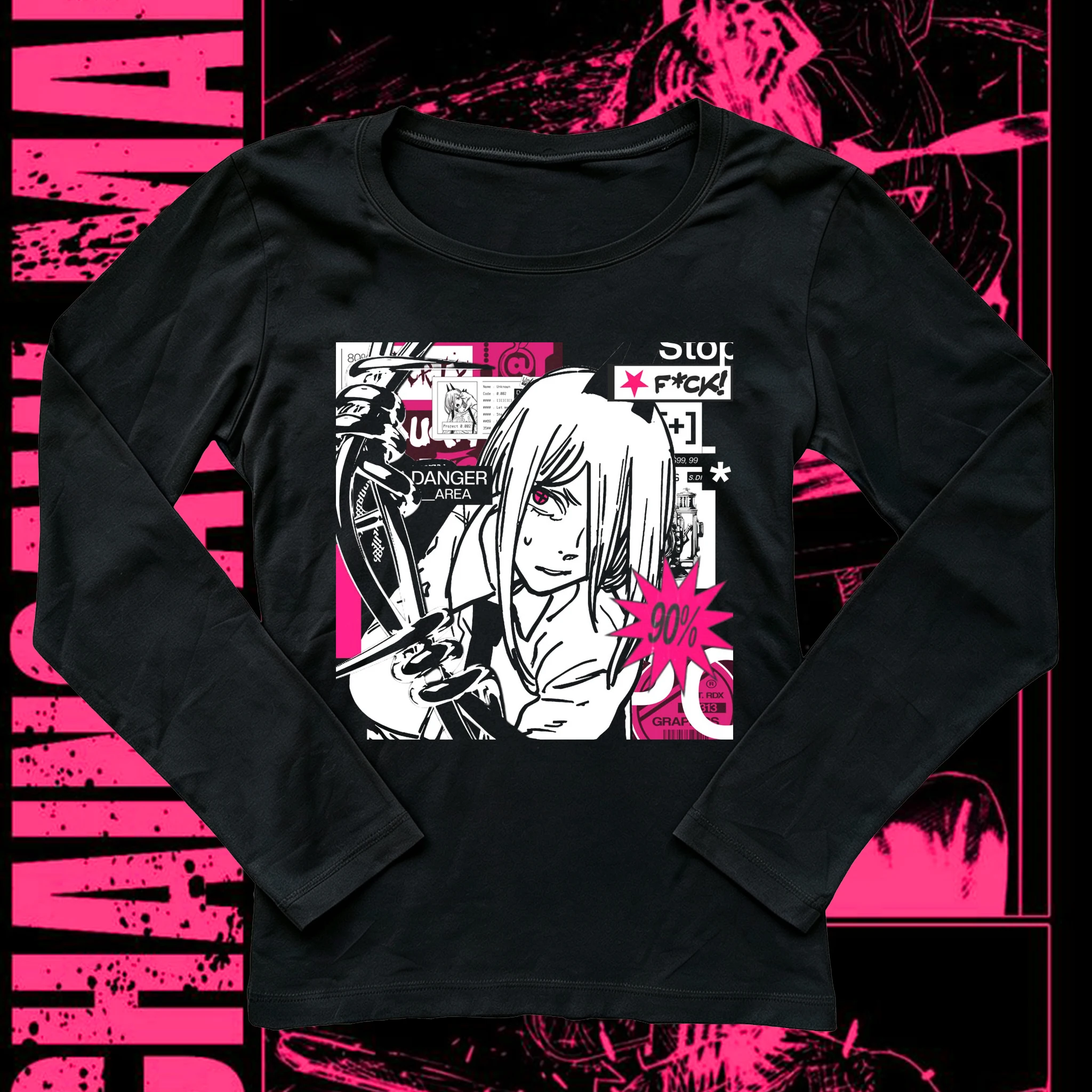 Women's Long Sleeve T-shirt, Chainsaw Man Power Pink Black Collage Manga Print Tee, Y2K Harajuku Egirl Aesthetic Slim O-neck Cas