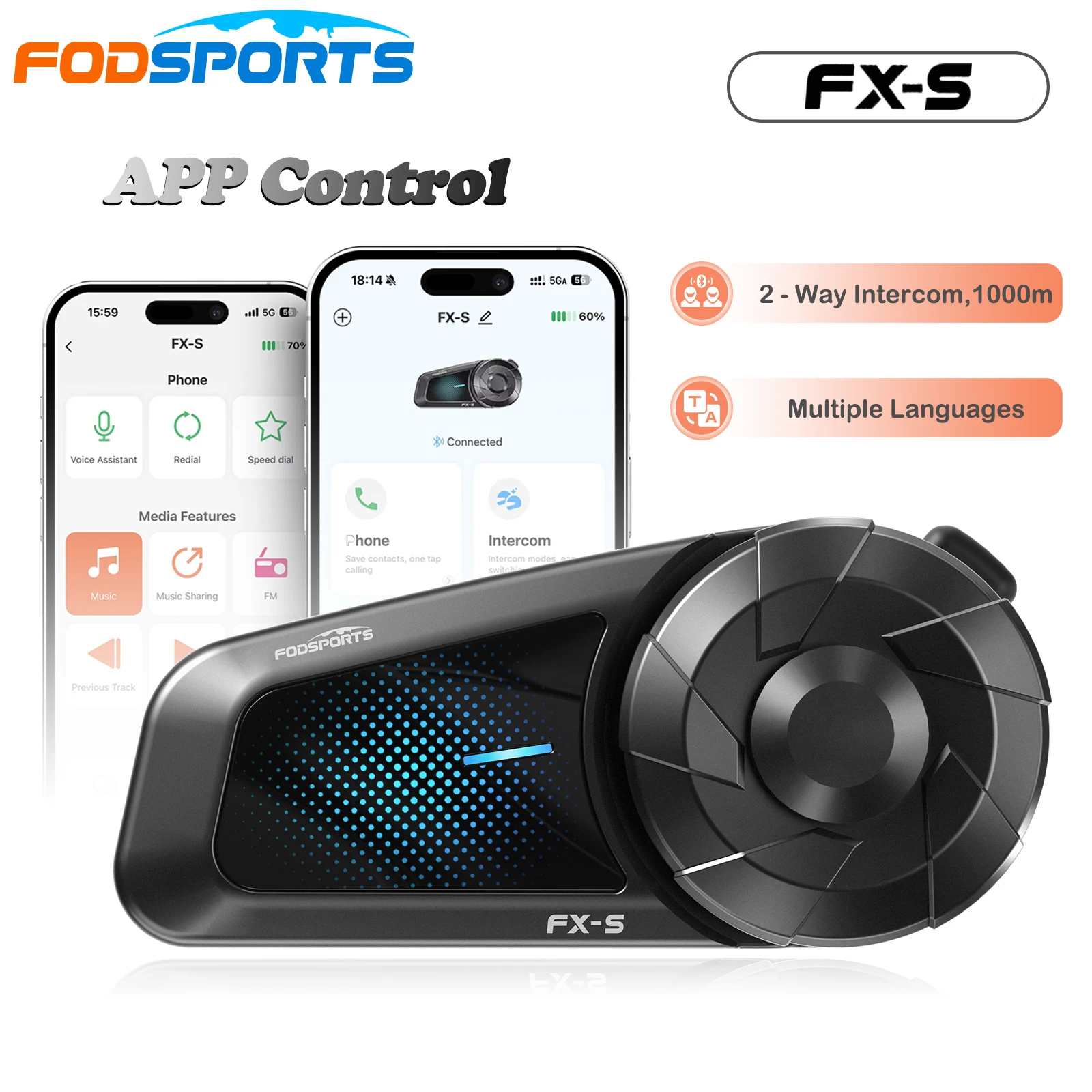 Fodsports FX-S Motorcycle Intercom for Helmet Headset Bluetooth 5.4 Interphone Moto Communicator Handsfree Waterproof