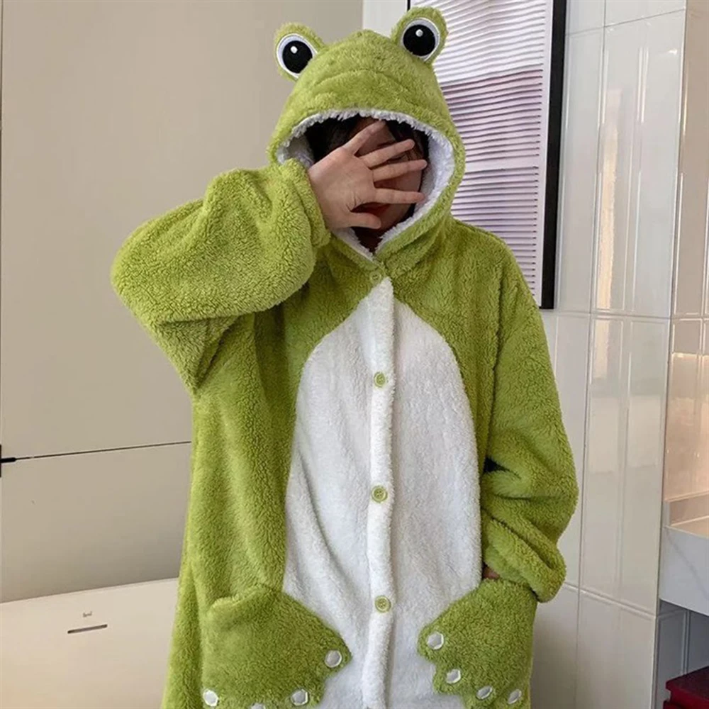 Long-sleeved Cartoon Hooded Nightgown With Pants Two Pieces Set Warm Coral Fleece Cute Frog Cosplay Christmas Women's Pajama Set