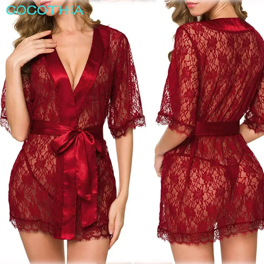 COCOCOTHIA-Translucent Hollow Out Lace Dress, Long Sleeve, Stretchy Bodycon, Sexy Lingerie, Home Dress, Night Robe, Bandage