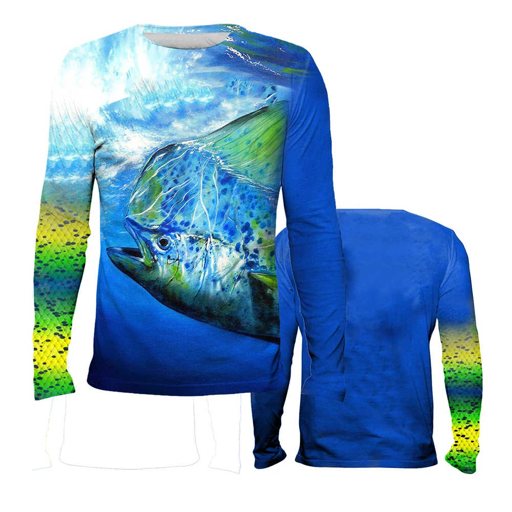 Blue Green Ombre Ocean Vibe Crew Neck Long Sleeve Tee, Mahi-Mahi Graphic for Holiday Outings, Daily Wear & Casual Fishing