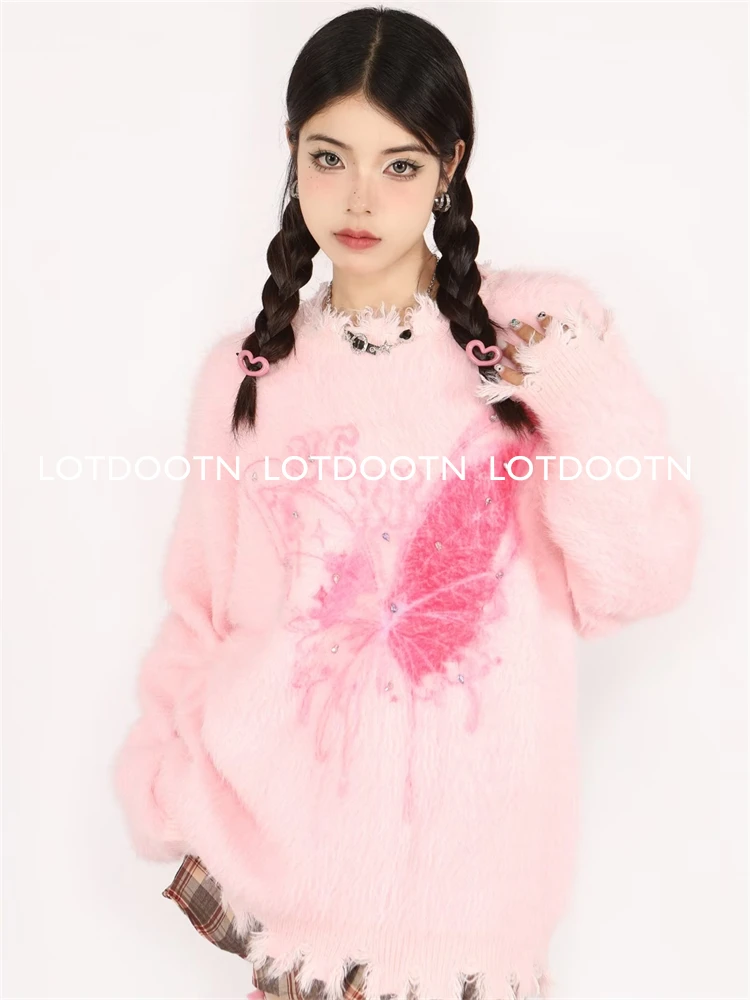 LOTDOOTN o-collo Y2k maglioni donna manica lunga farfalla ricamo sciolto spesso morbido lavorato a maglia top Vintage Harajuku Streetwear