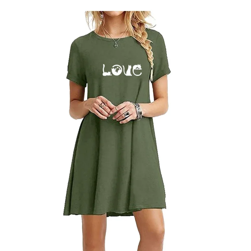 Nuovo vestito donna estate cartone animato lettera d'amore gatto stampato O collo solido t-shirt vestito Sexy Mini abito femminile abbigliamento Casual da spiaggia