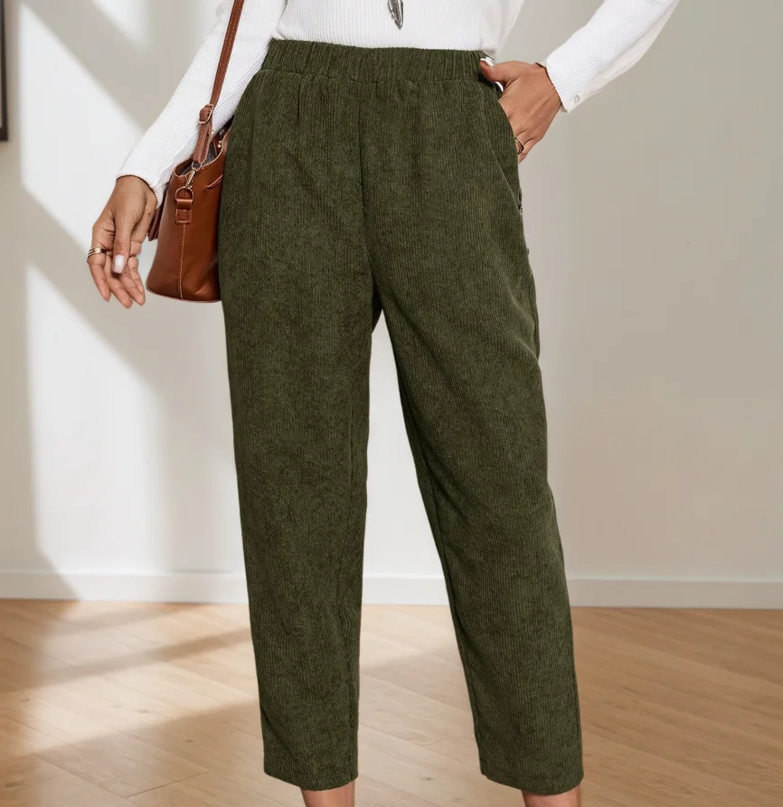 

Autumn and Winter New Solid Color High Waisted Button Decorated Corduroy Straight Leg Pants for Women's Casual Pants