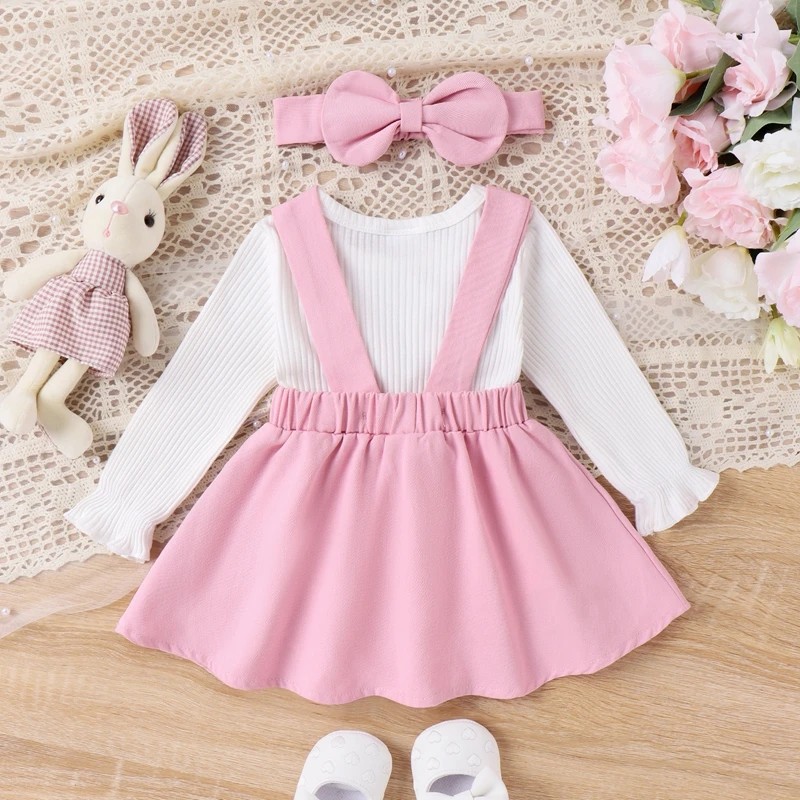 

Baby Girl 3Pcs Outfits Set Short Sleeve Romper Suspender Skirt With Headband Infant Girl Outwear Easter Clothes