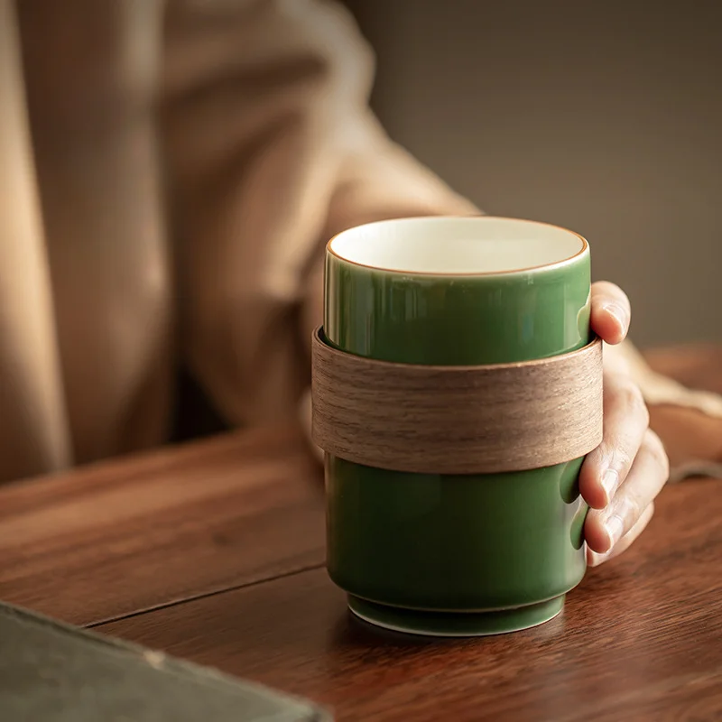 Bamboo And Wood Buckle Waist Water Cup Japanese Simple Blue Glazed Ceramic Tea Cup Large Master Cup Tea Ceremony