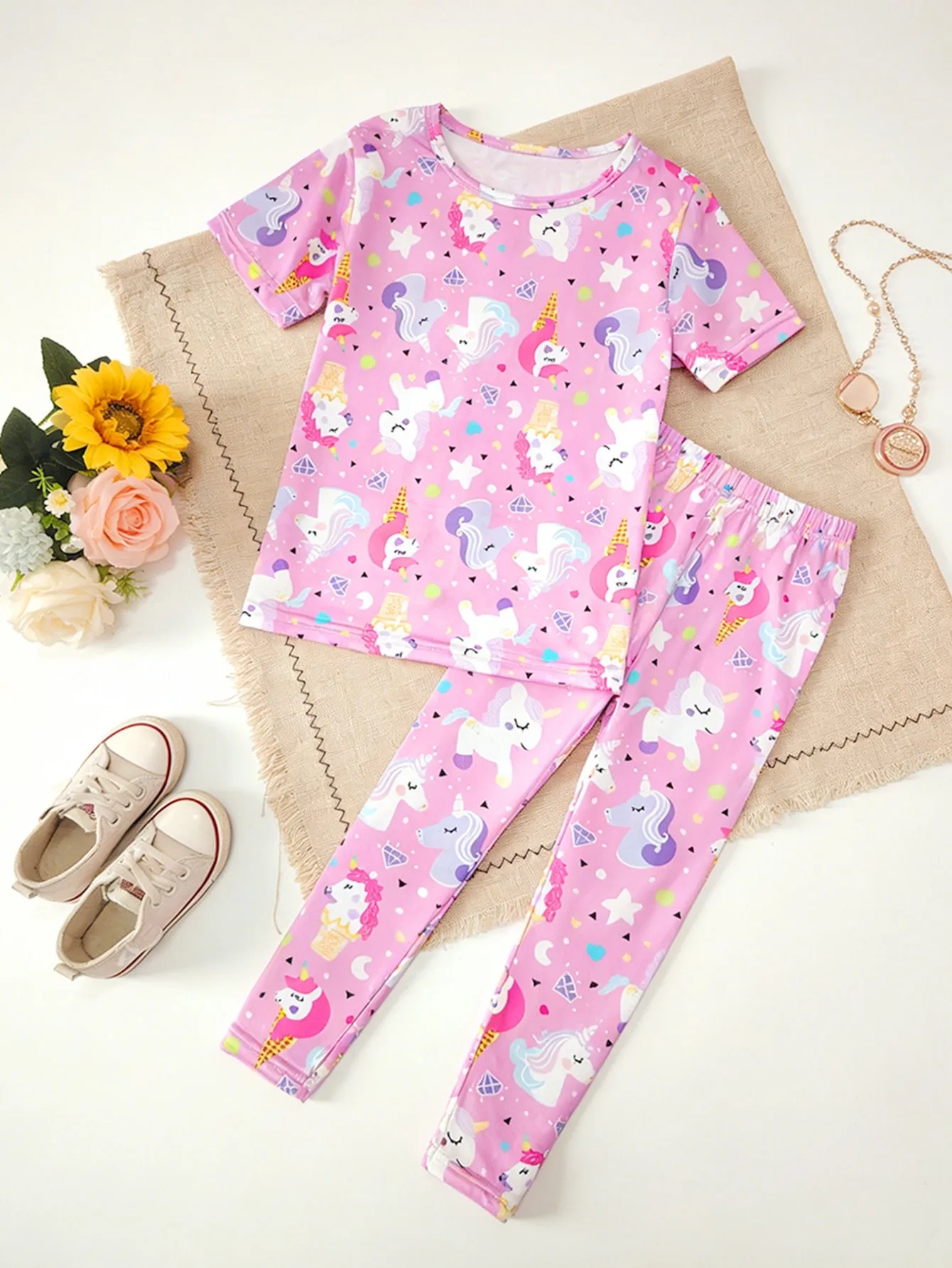 2Pcs Kids Girl 2-10Y Unicorn Print Outfit Set Polyester Spandex Short Sleeve T-shirt & Leggings Casual Loungewear for Daily Wear