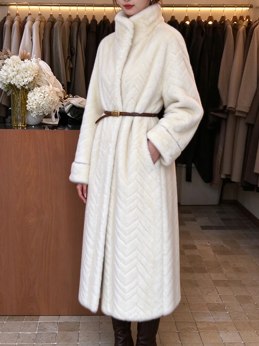 Women White Faux Fur Long Coat Stand Collar Chevron Texture With Buckle Belt Luxury Warm Winter Plush Outerwear