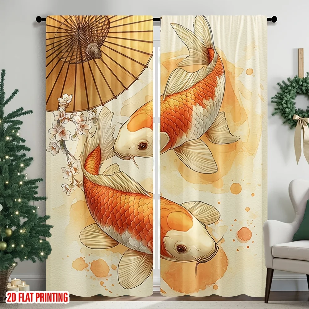 

2 шт. занавесок с изображением карпов кои и зонтов для гостиной и спальни, обеспечивающие уединение и декор в восточном стиле, из полиэстеровой ткани. Украсьте свое пространство.