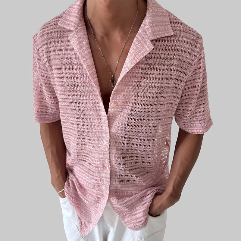 

New Spring Summer New Men's Fashion Sexy See Through Transperant Lapel Shirt Top Single Breasted