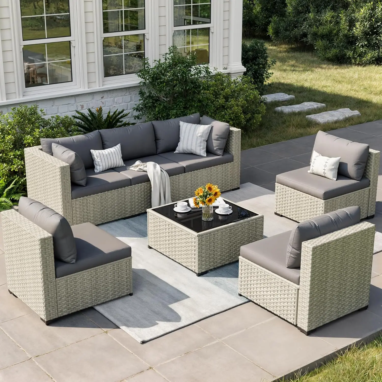

7pcs All-Weather Wicker Patio Sectional Sofa Set with Grey Cushions for Backyard Garden, Customized