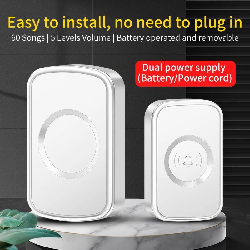 CACAZI Wireless Doorbell Battery Operated Portable Waterproof Door Bell with Long Range 60 Ringtones 5 Levels Adjustable Volume