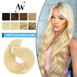 AW Extensão reta do cabelo humano, extensão do cabelo natural europeu, Mini Tape-In, preto, marrom, invisível, sem costura, nenhum Remy pele trama