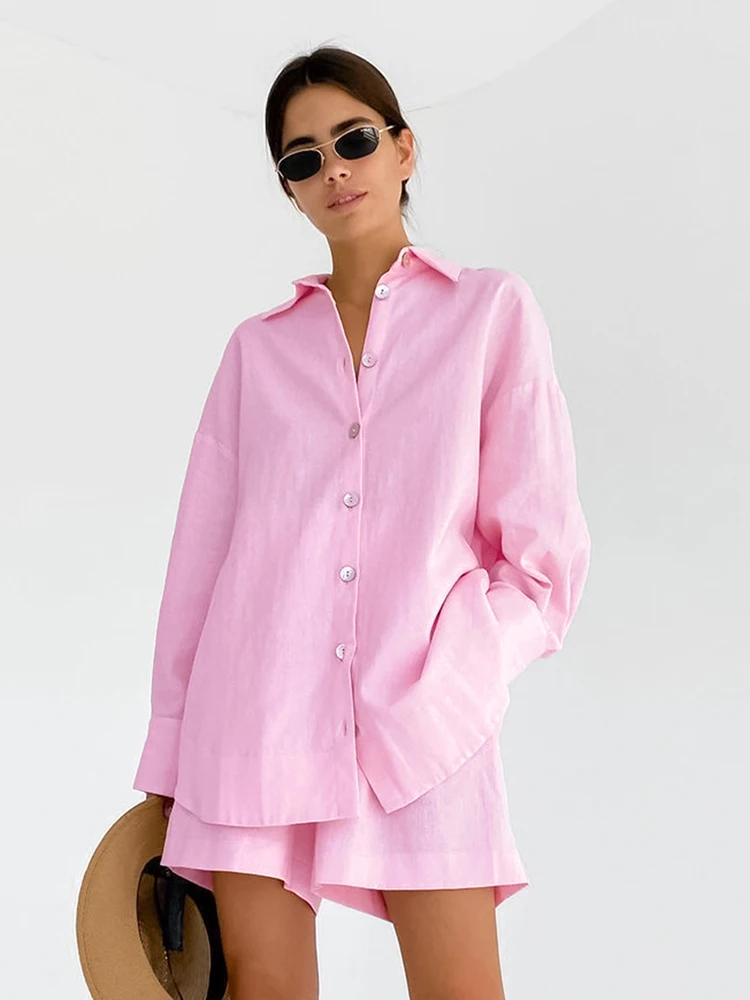 Hiloc Pink Long Sleeve Sleepwear Cotton Single-Breasted Short Sets Lapel Casual Pajama Set Woman 2 Pieces Loungewear 2024 Spring