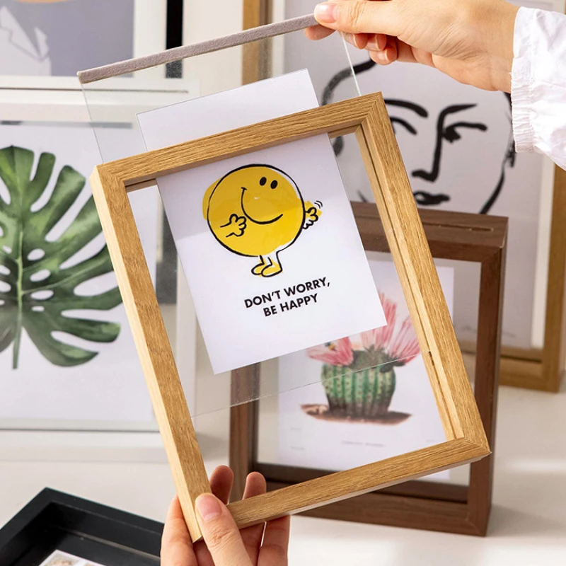 New Literary and Art Fan Albums,Double-Sided Transparent Photo Frames,Home Decoration,Real Glass Picture Frame,Square Wood Frame