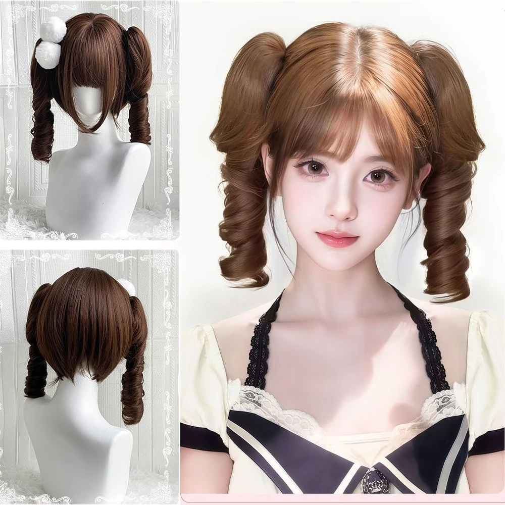 شعر صناعي مجعد روماني، ذيل حصان قابل للفصل، حلو ولطيف، مناسب للنساء، شعر مستعار لوليتا اليومي للعب الأدوار