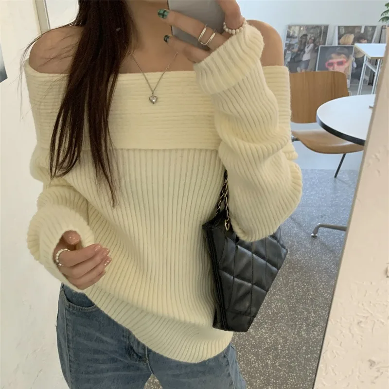 2024 new autumn and winter high-end wear sweater women\'s bottoming one-shoulder off-shoulder sweater women\'s clothing