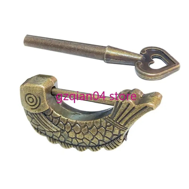 

N7MD Bronze Fish designs Retro Padlock Vintage Lock Fish Shaped Antique Padlock Bronze Vintage Lock for Jewelry Box & Drawer