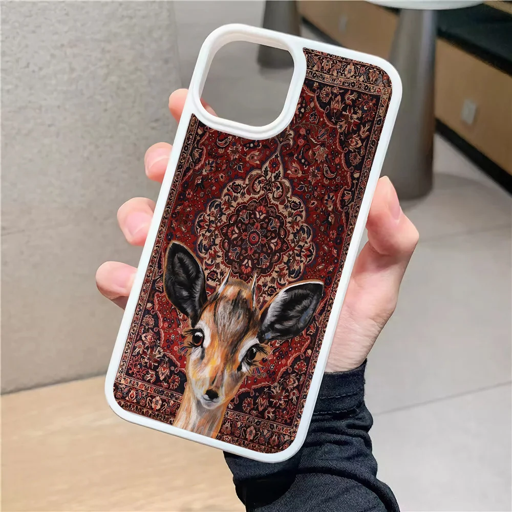 Bohemian Ethnic Deer Art Phone Case For iPhone 16 17 15 14 Plus 13 12 11 Pro Max 17 Air Clear Vintage Red Persian Rug Print Case