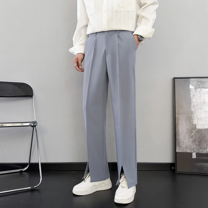

Spring Summer Men's Casual Loose Straight Leg West Pants Design Sense Open Split Drapey Feel High-End Look Cool Style Long Tr...