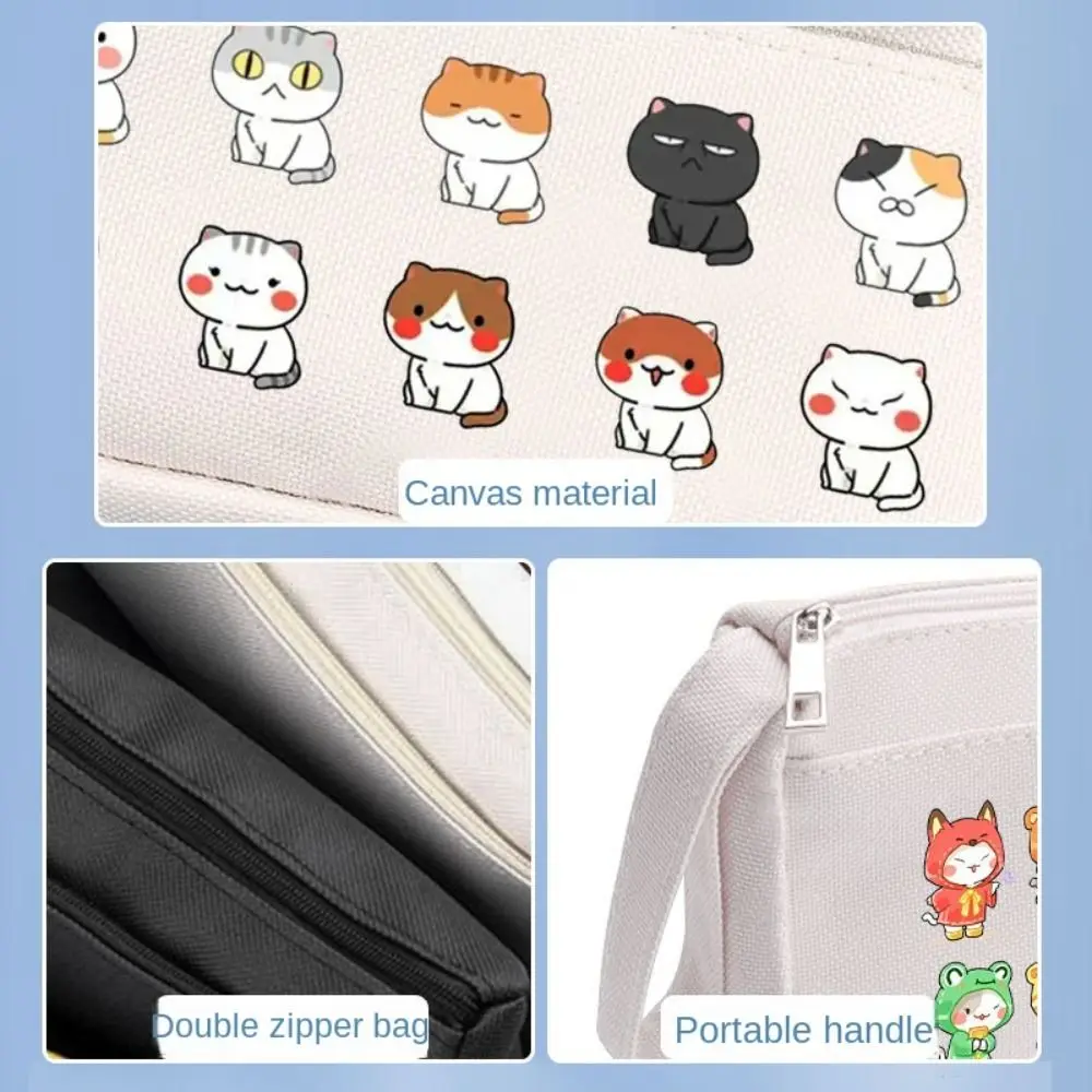 Cute Cartoon Print Pencil Case Portable Large Capacity Makeup Pouch Canvas Double Layered Storage Bag Student Supplies