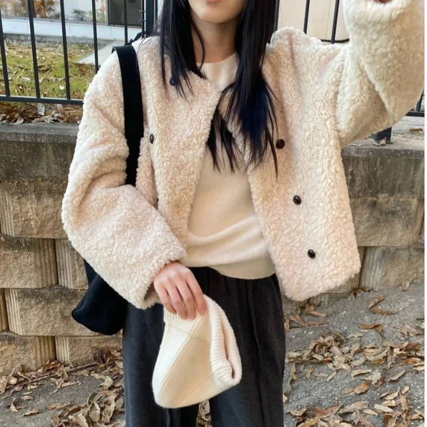 

Chic ort Lamb Fur Jaet Women's Loose Casual Sle Double Breasted Autumn Winter Versatile Retro Coat Korean Sle Commute