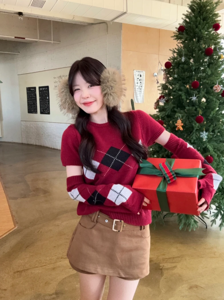 

Элегантный женский трикотажный свитер с красным ромбовидным узором, облегающий, стильный, новый дизайн, с круглым вырезом и коротким рукавом, весенняя коллекция