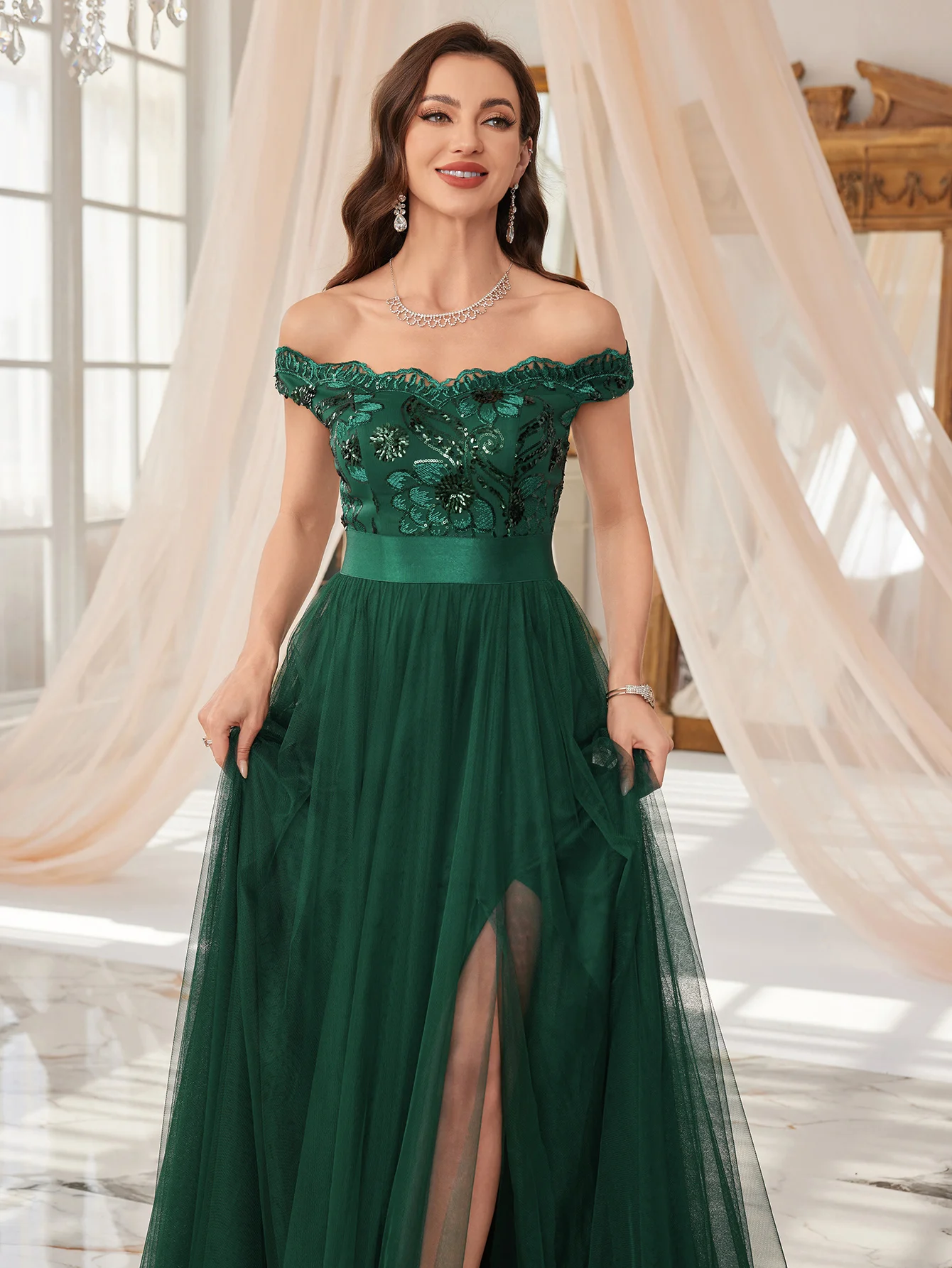 UNITHORSE Abito da donna elegante con spalle scoperte, alta fattura, perline, cuciture con paillettes, vita stretta, abito da ballo con spacco alto, tessuto a rete