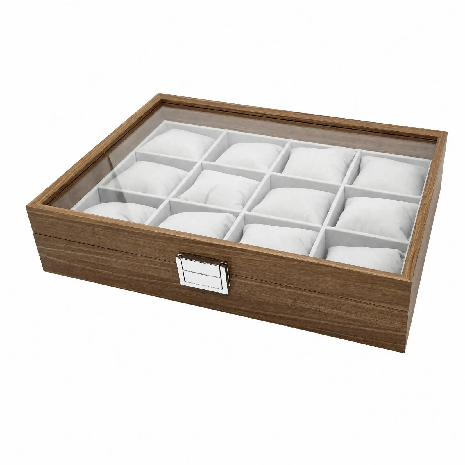 Walnut Wood Watch Case Organizer 12 Compartment Transparent Top Storage Box for Luxury Wristwatch Display and Safe Keeping