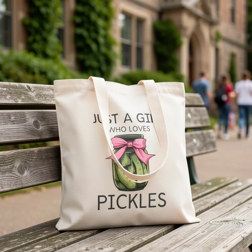 Fun Pickle Lover Shoulder Tote – Spacious & durable beige bag Decorated with the phrase 