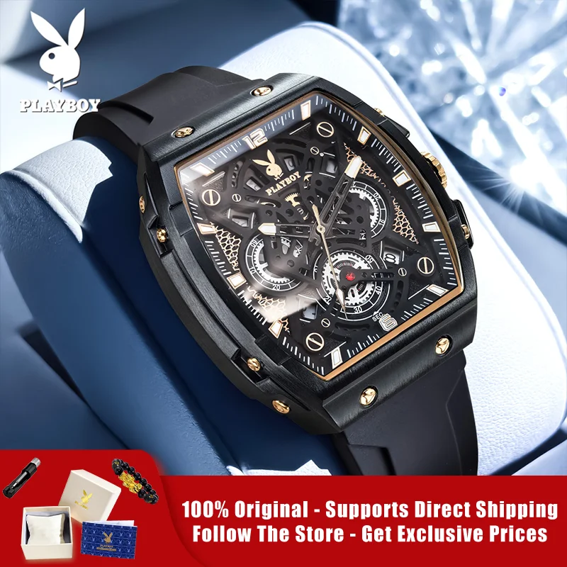

PLAYBOY 3087 Brand original authentic watches for man luxury Gift Box Silicone strap, barrel-shaped dial, quartz men's watch