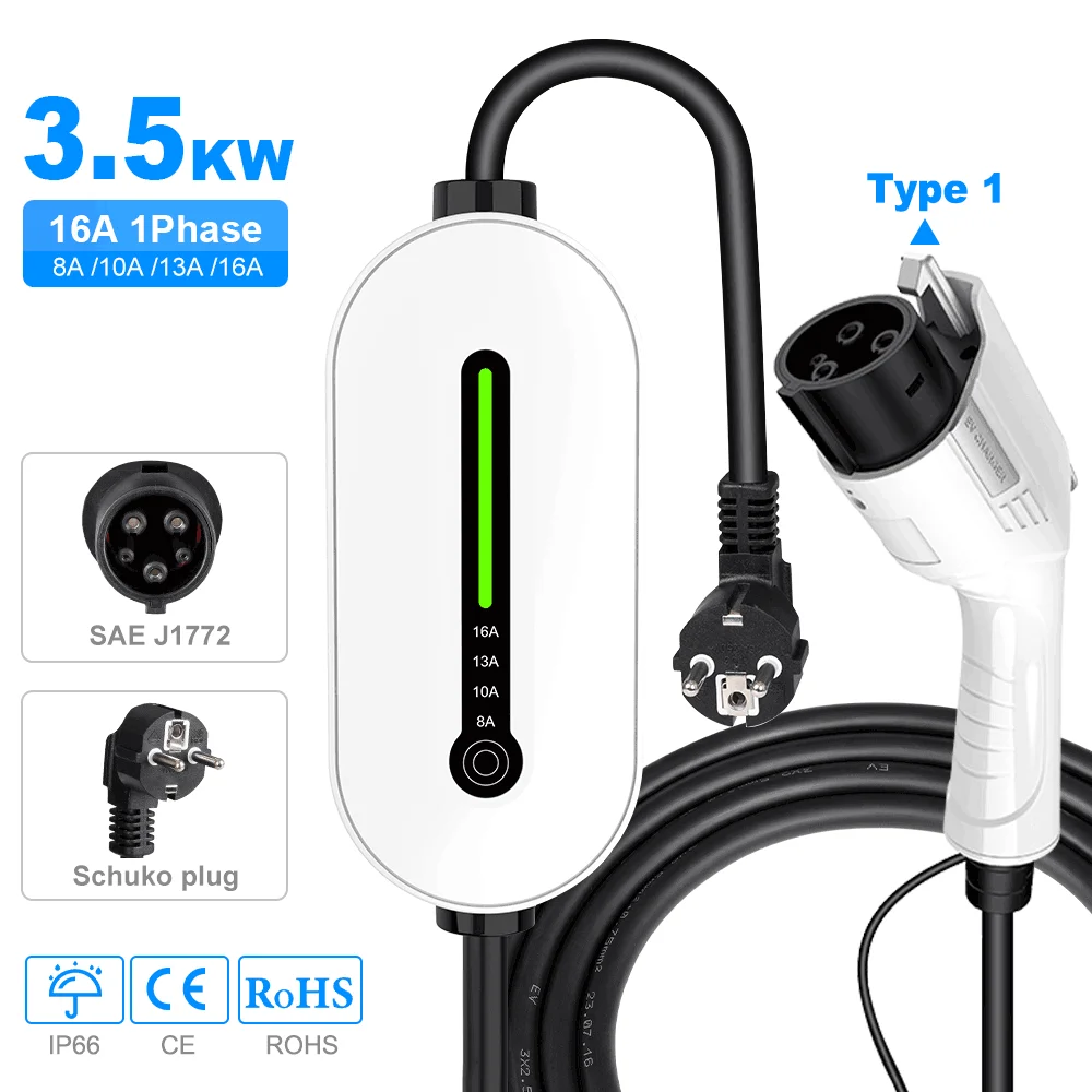 IPENGEN EV Draagbare Oplader Type2/GBT Connector 16A 1 Fase 3.5KW Type1 3.5m Wallbox Laadstation voor Elektrisch Voertuig