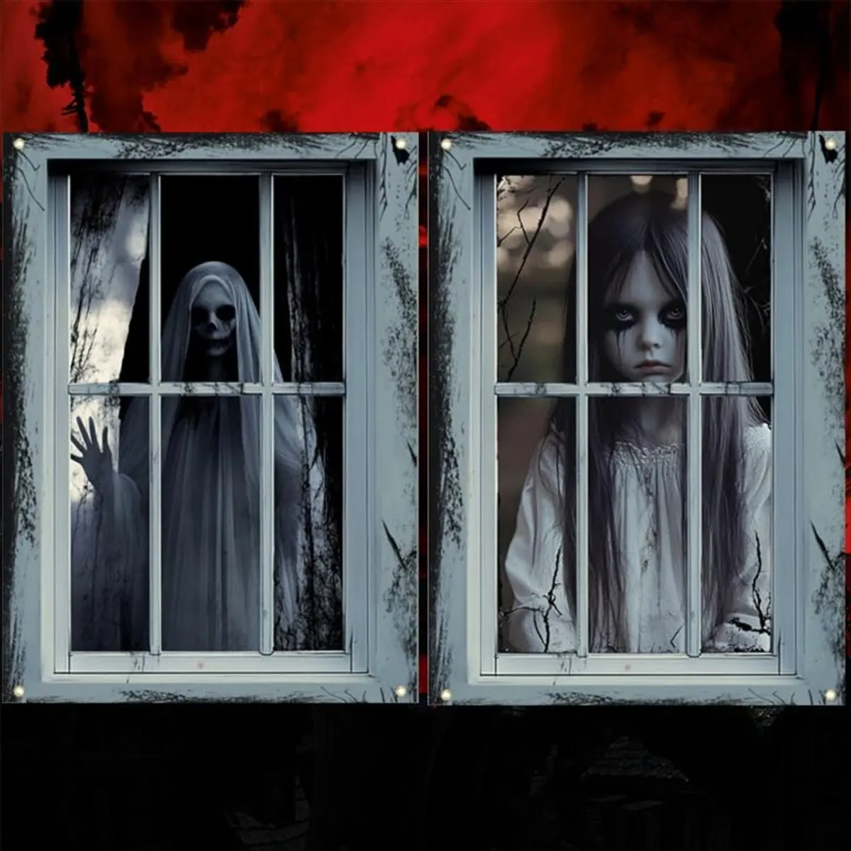 Paquete de 2 decoraciones para ventanas de Halloween, fantasma femenino, ventana de Halloween, conjunto de cortina de muñeca fantasma femenina de terror