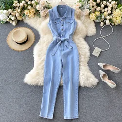 Women Denim Jeans Sashes Jumpsuits Pockets Single Breasted Turn-down Collar Sleeveless Woman Fashion Jean Outfits