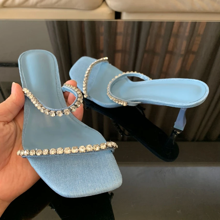 Denim Blue Rhinestone High Heels Women Mules Peep Toe Fashion Slippers Casual Slides Ladies Heeled Sandals Summer Shoes