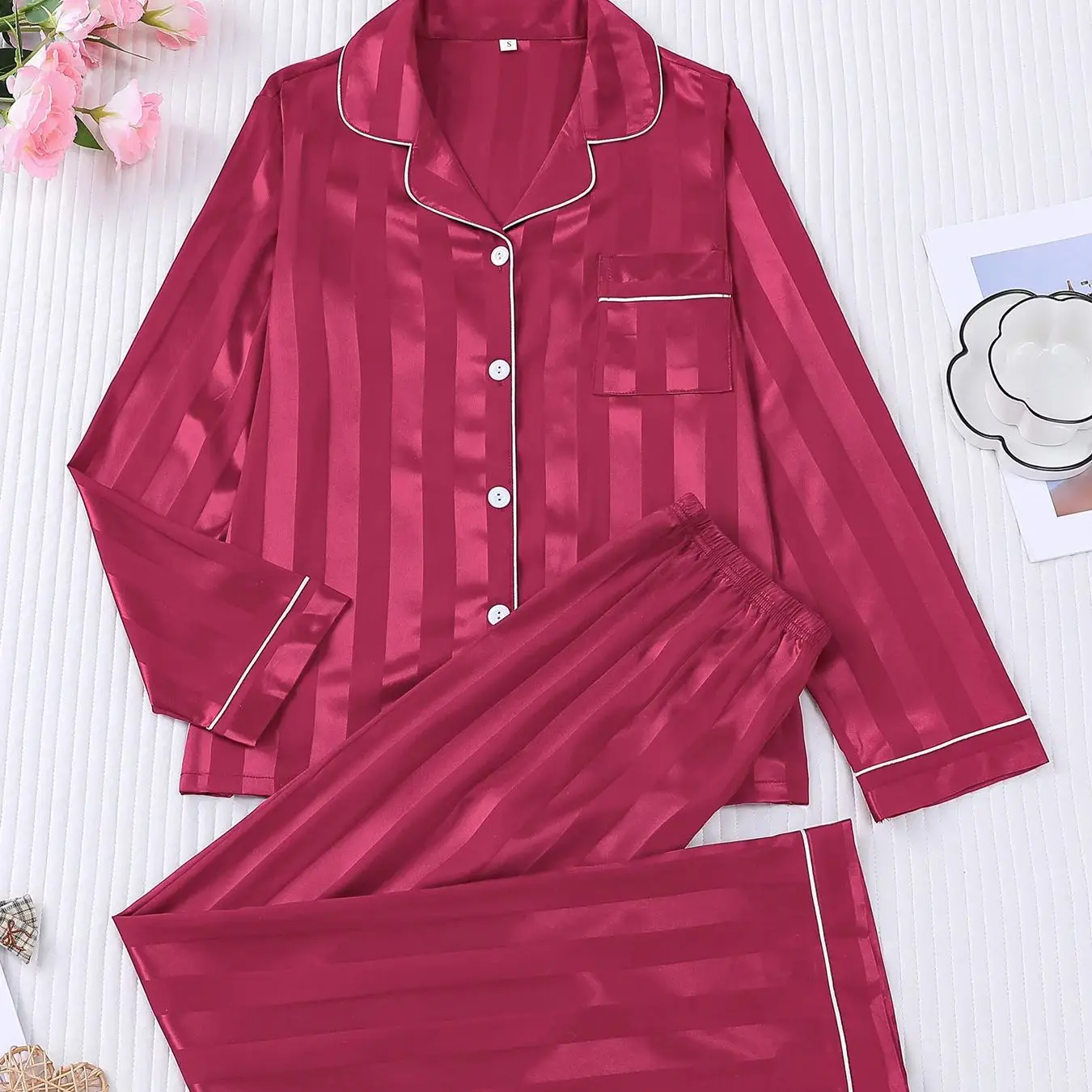 

Luxury Silky Vertical Striped Pajama Set Women's Long Sleeve Button Front Loungewear Casual Sleepwear 2 Piece Outfits