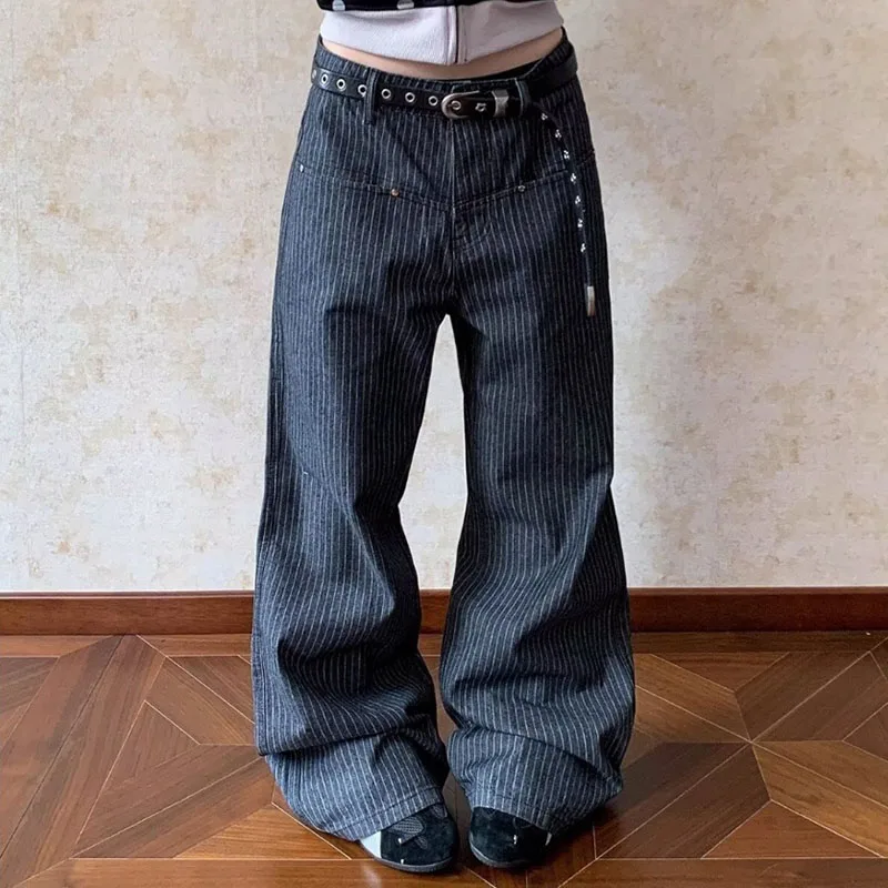 Retro Splicing Striped Jeans For Women American Casual Fashion Dark Gray Denim Pants Spring Autumn Commuting Wide Leg Trousers