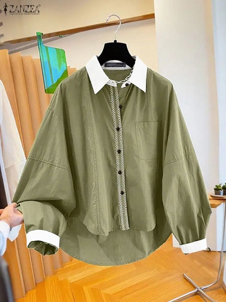 2023 ZANZEA Büro Shirts Frauen Herbst Patchwork Bluse Mode Revers Hals Langarm Tops Casual Tasten Blusas Tunika Oversize