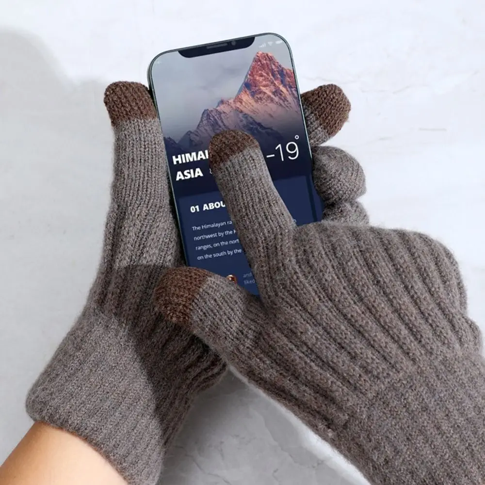 Fashion Warm Winter Knitted Gloves Lining Thickened Wool Gloves Elastic Windproof Cycling Gloves for Men Women