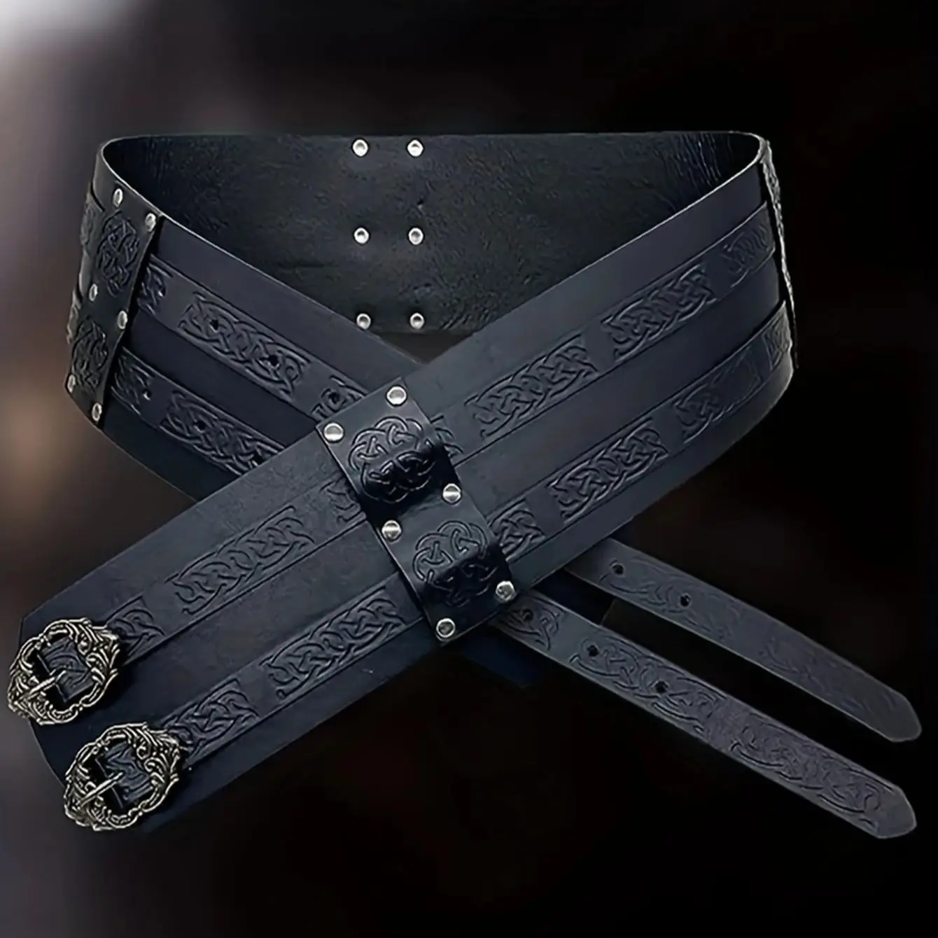 Medieval Renaissance Viking Knight Wide Belt Cosplay Stage Props Retro Embossed Waist Pu Leather Wide Belt With Double Buckle