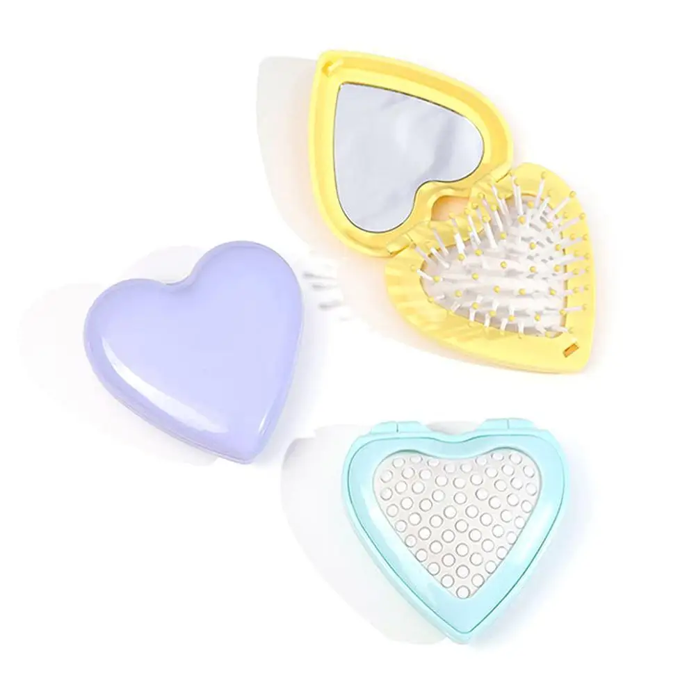 Massage Folding Comb With Mirror Small Air Cushion Hair Brush Portable Cute Heart Shaped Women Hairdressing Tools Ins Style